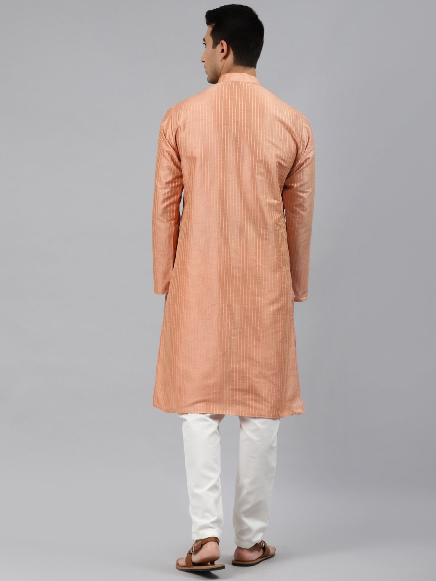 ManQ Peach Regular Fit Striped Ethnic Wear