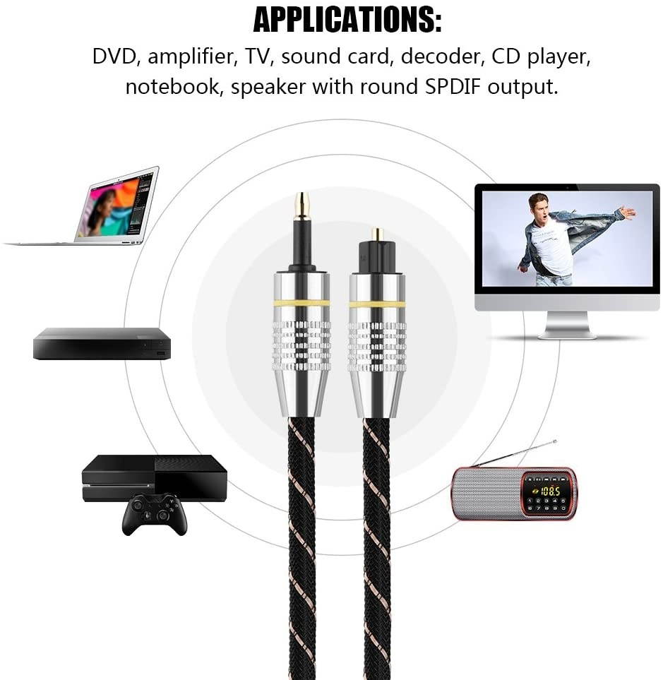 Zerone Toslink Digital Optical Audio Cable Home Theater Fiber Optic Toslink to Mini Plug 3.5mm Cable Optical Plug Wire Cord with Metal Connectors & Strain-Relief PVC Jacket(1M)