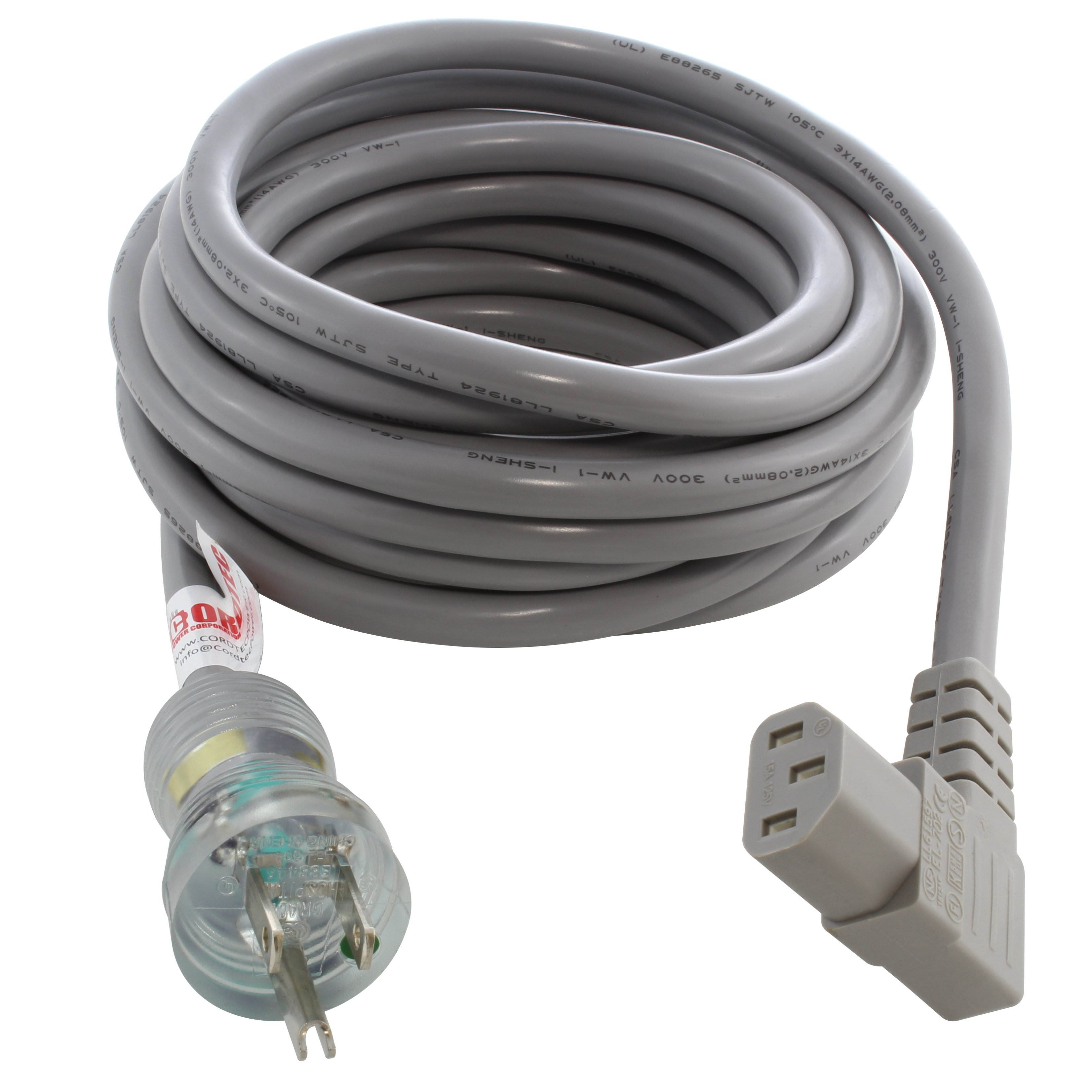 15ft 16/3 13A Medical Grade Power Cord With Right Angle IEC C13 Connector