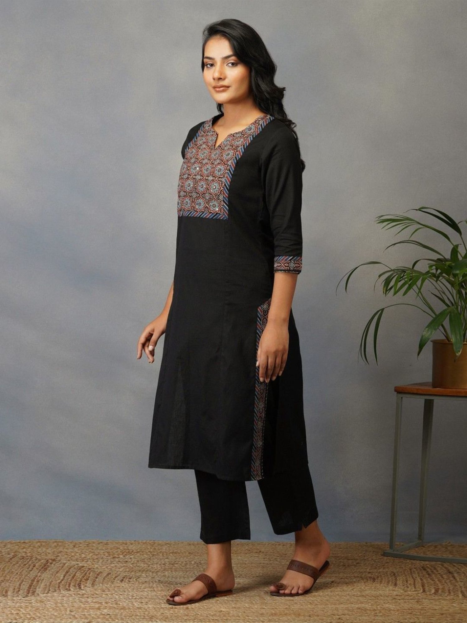 Akiso Bakhair Black Straight Kurta With Ajrak Yoke In Zari Embroidery Set With Pants