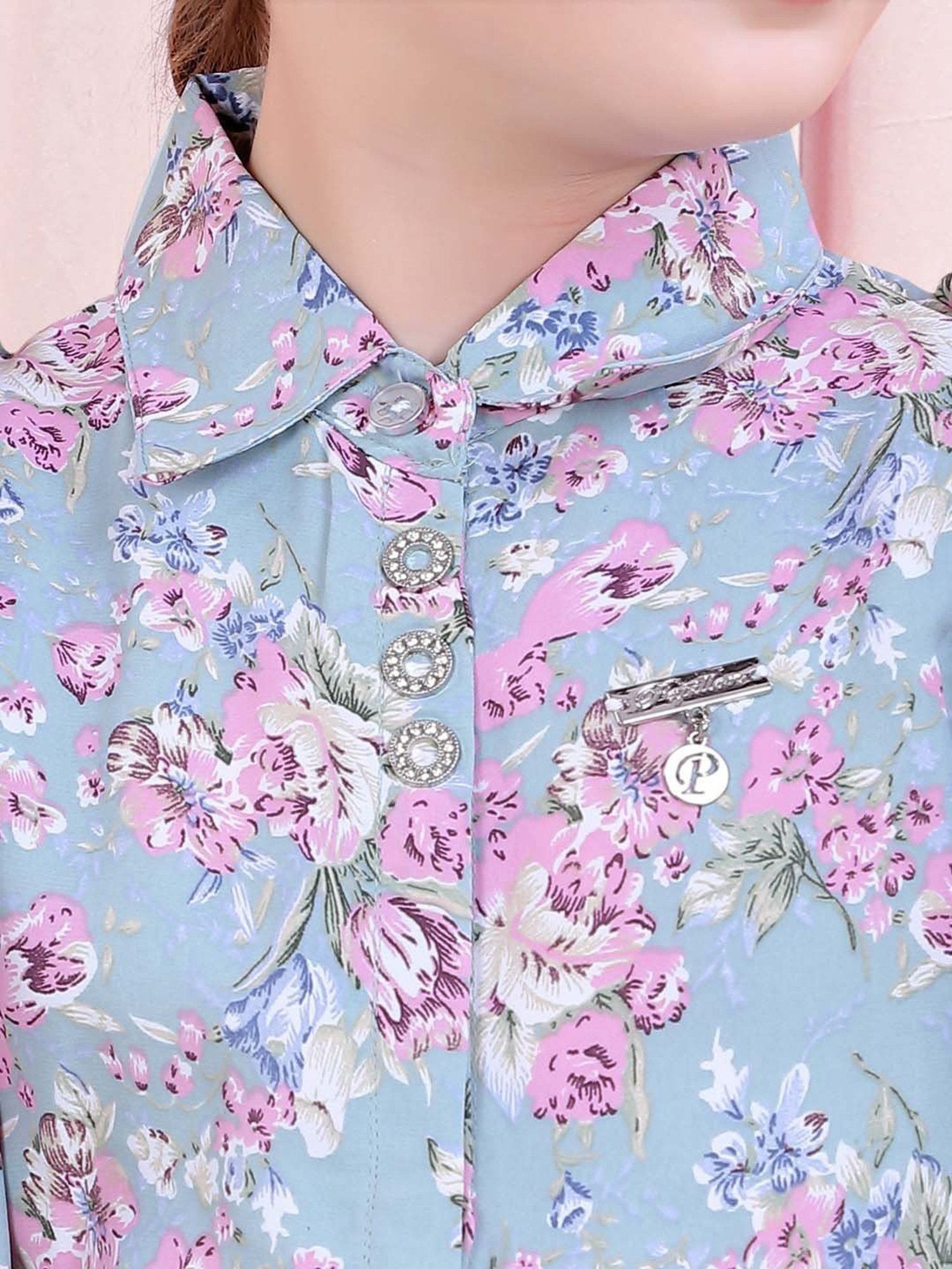 poplins Kids Blue & Pink Cotton Floral Print Top