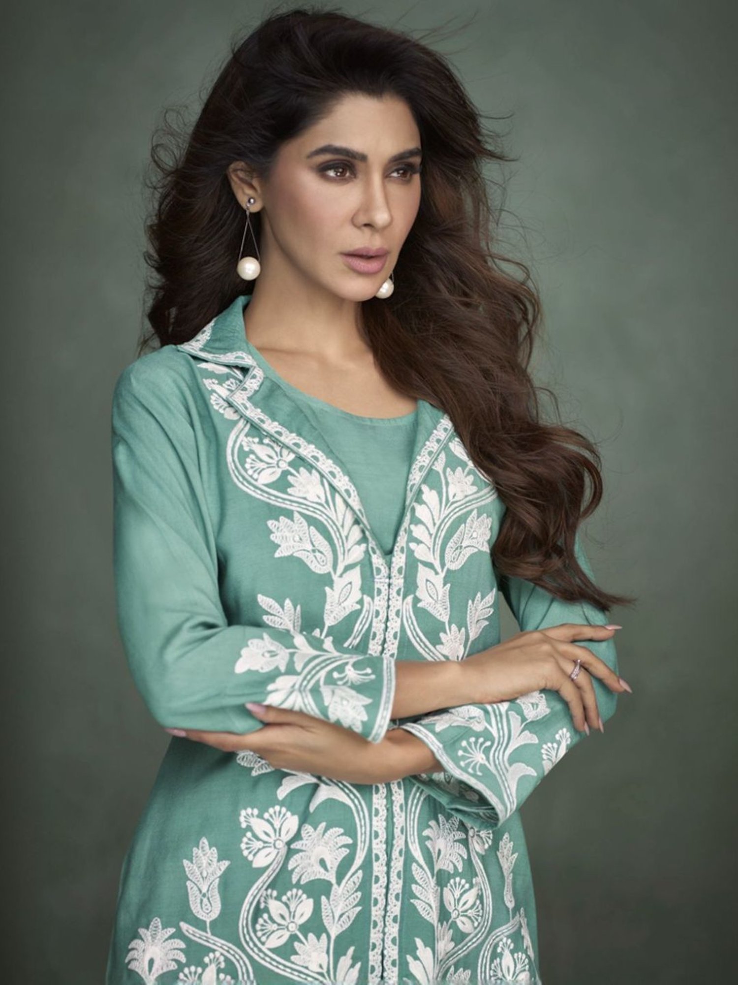 Autumnlane Turquoise Aviva Ocean Embroidered Tunic with Pant Co-ord Set