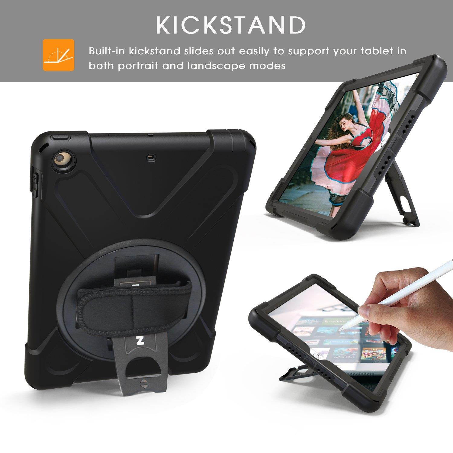 BRAECNstock New iPad 2018/2017 Case(5th Generation), Three Layer Heavy Duty Soft Silicone Hard Bumper Case Built-in Kickstand Shockproof Durable Rugged Case for New iPad 9.7 Inch 2018/2017(Black)