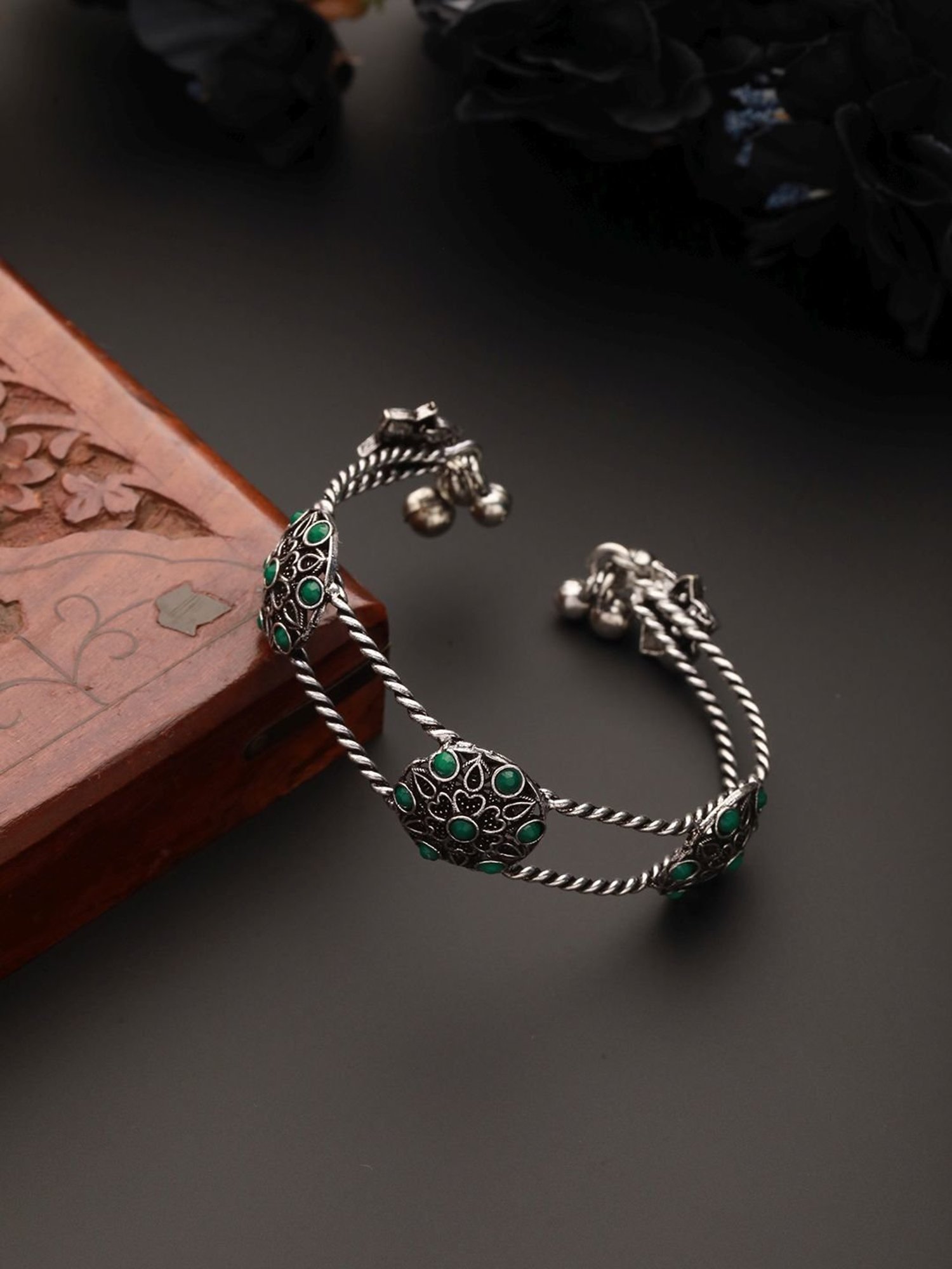 Aatmana Silver-Plated Green Stone-Studded Oxidized Handcrafted Cuff Style Bracelet