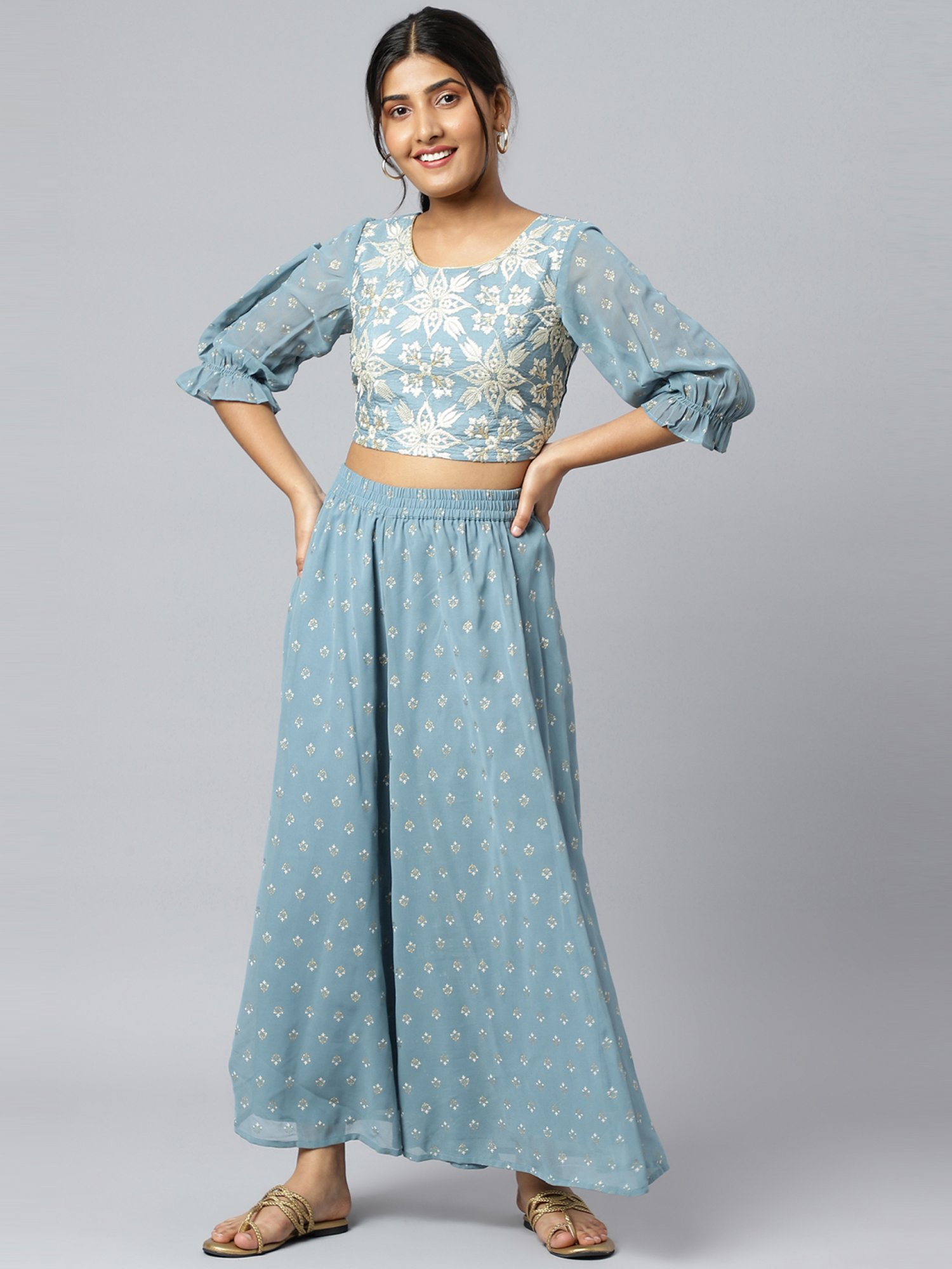 Aurelia Powder Blue Embroidered Crop Top Palazzo Set With Drape Dupatta