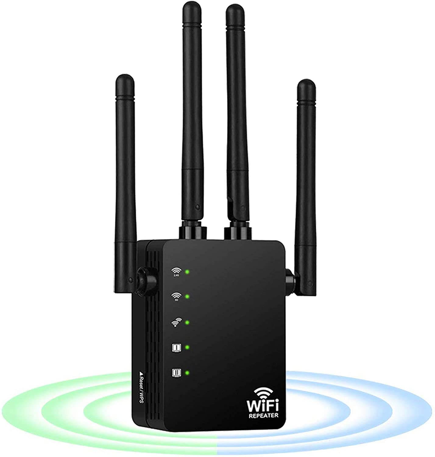 WiFi Range Extender 1200Mbps, AC1200 Wireless Signal Repeater Booster 2.4 & 5.8GHz Dual Band 4 Antennas 360 Degree Full Coverage Support One Button Setup with Ethernet Port Easy Setup