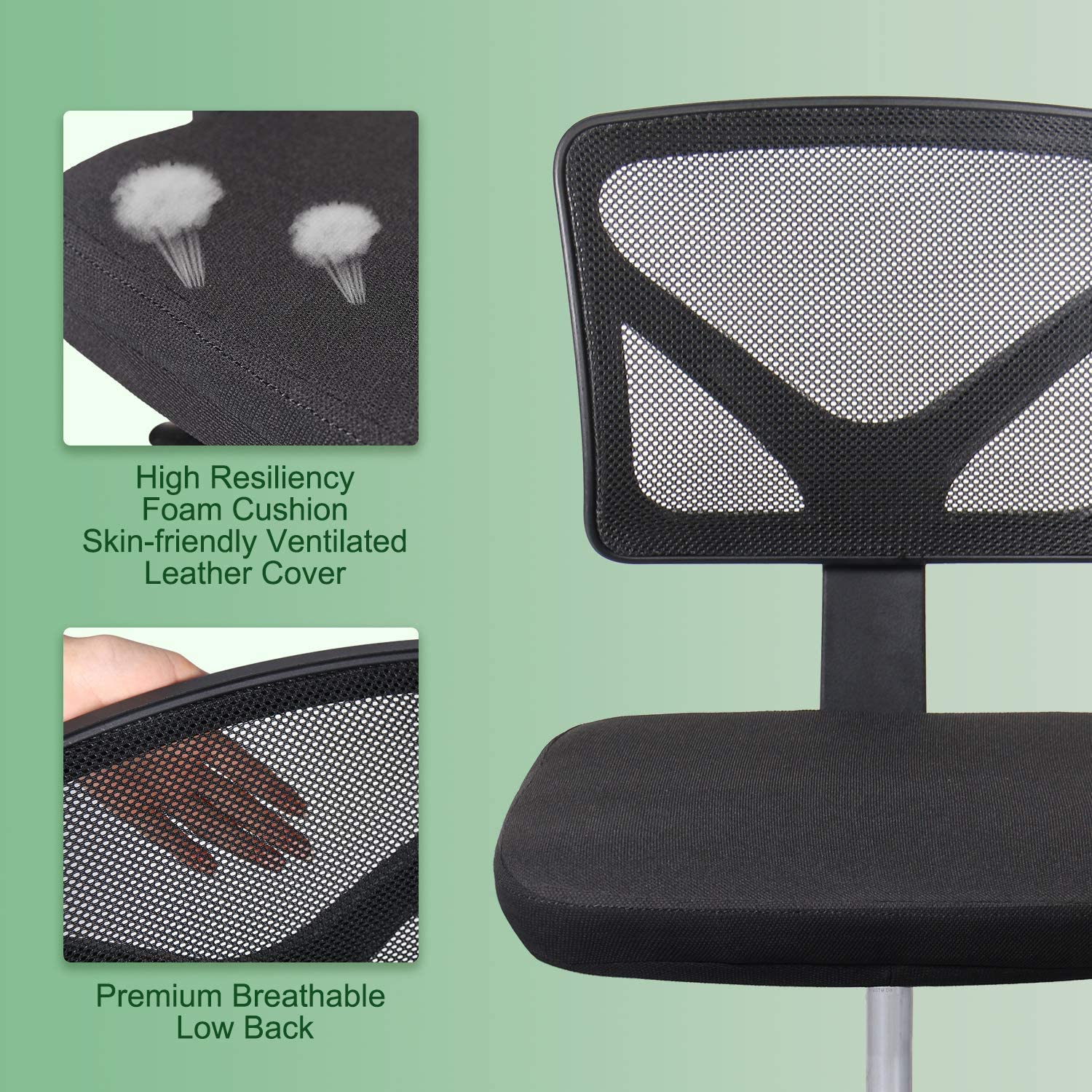 Office Mesh Chair without Armrests, Black Swiveling Task Chair, Computer Desk Chair for Home and Office Use, 19.29" (L) x 7.28" (W) x 18.70" (H), Black