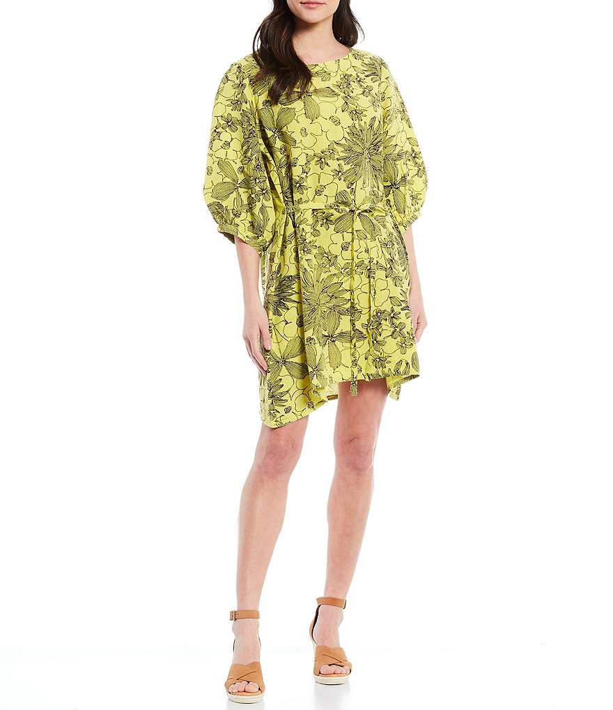 Bryn Walker Carina Short Puff Sleeve Floral Print Linen Shift Dress