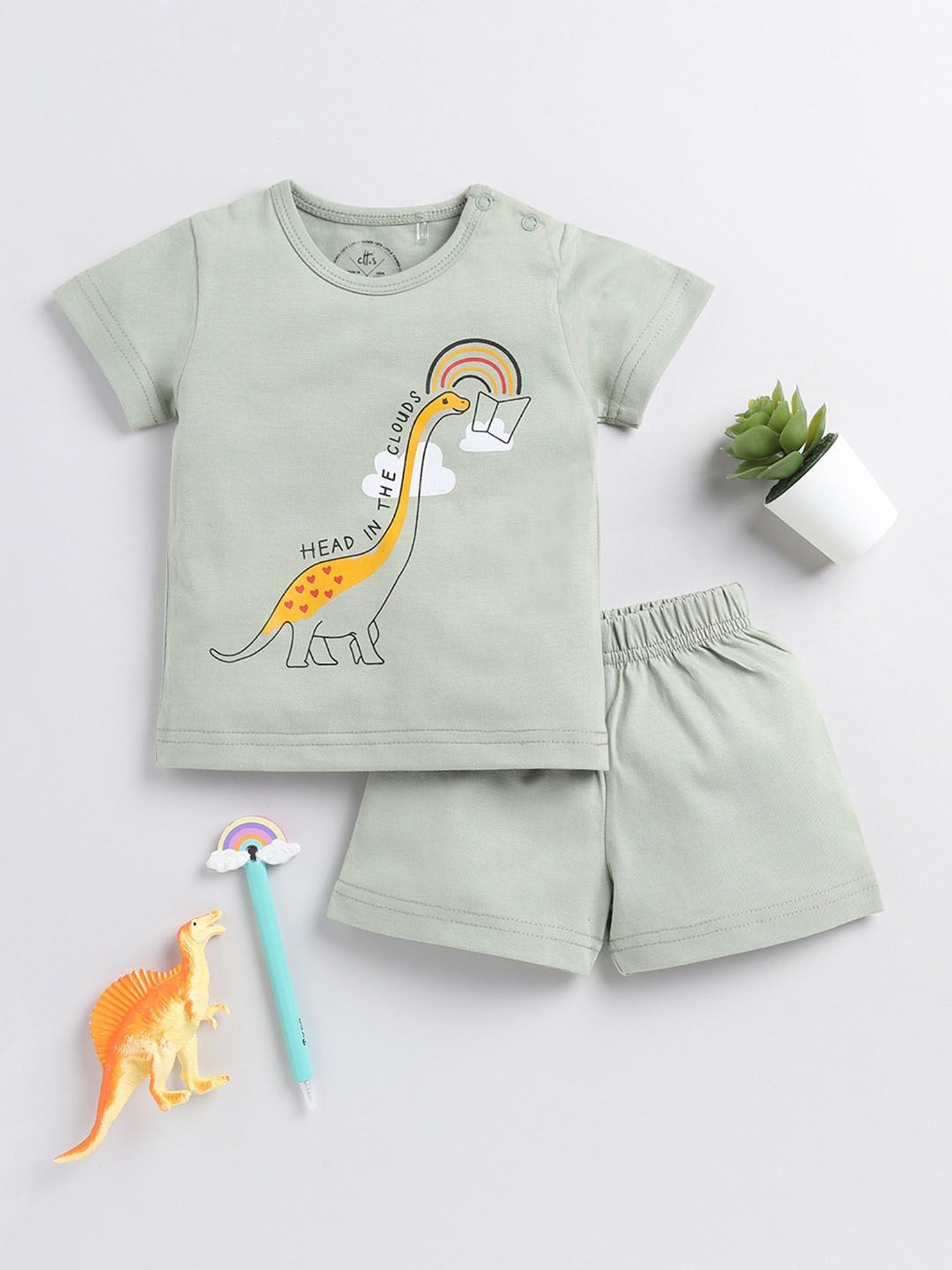 Clt.s Boys Sage Green Printed T-Shirt with Shorts