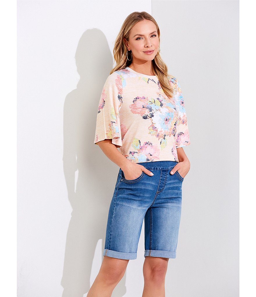 Westbound Petite Size Painterly Flower Print Flounce Sleeve Top