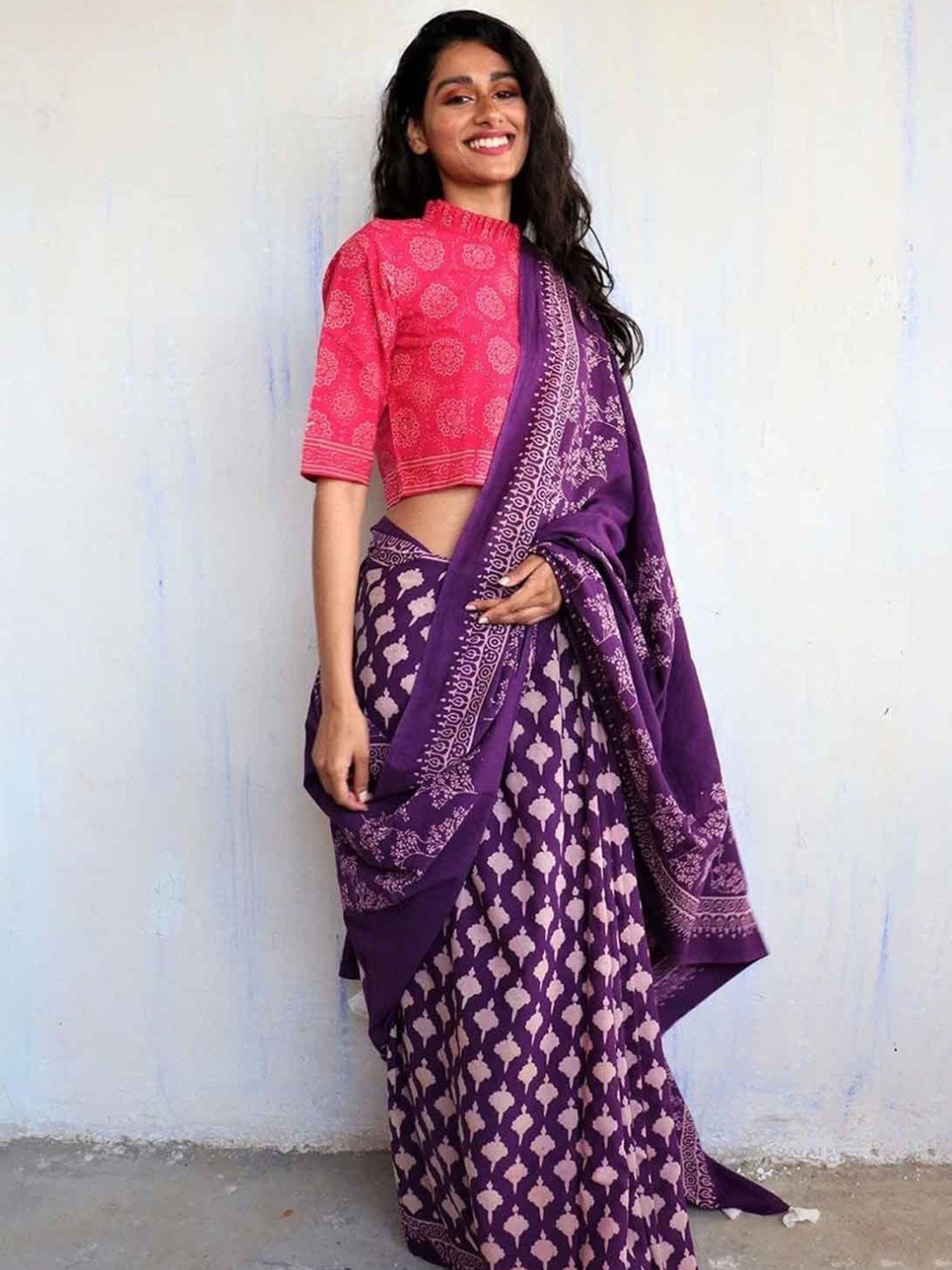 Chidiyaa Purple Block Printed Cotton Mulmul Saree - Butterfly Girls