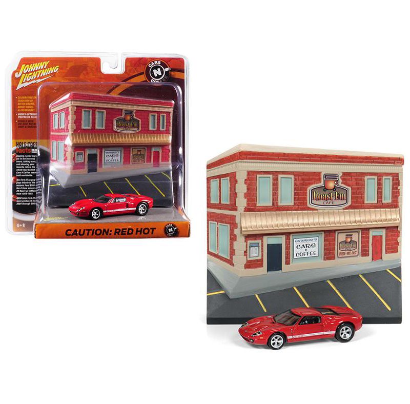 2005 Ford GT Red with Resin Cafe Front Facade "Cars and Coffee" Diorama 1/64 Diecast Model Car by Johnny Lightning