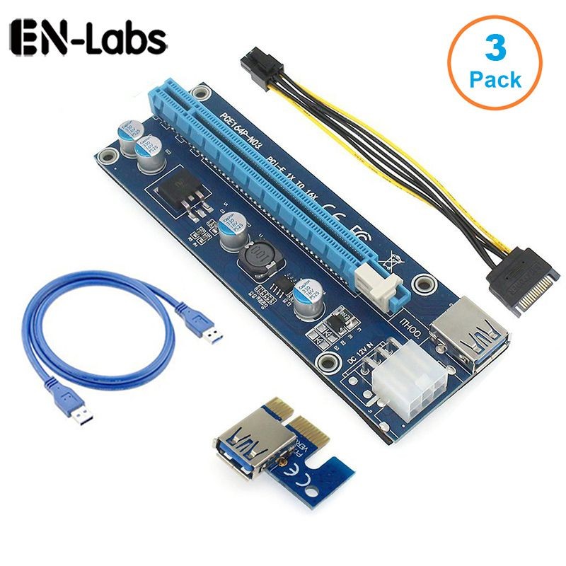 3 Pack 6-Pins PCI-e VER 006C PCl-E 16x to 1x Powered Riser Adapter Card with 2ft USB 3.0 Extension Cable &  SATA to PCIe 6pin Power Cable GPU Riser Adapter Ethereum Mining ETH