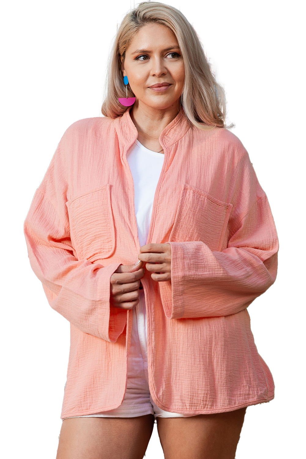 Flamingo Plus Size Solid Color Chest Pockets Crinkle Shacket