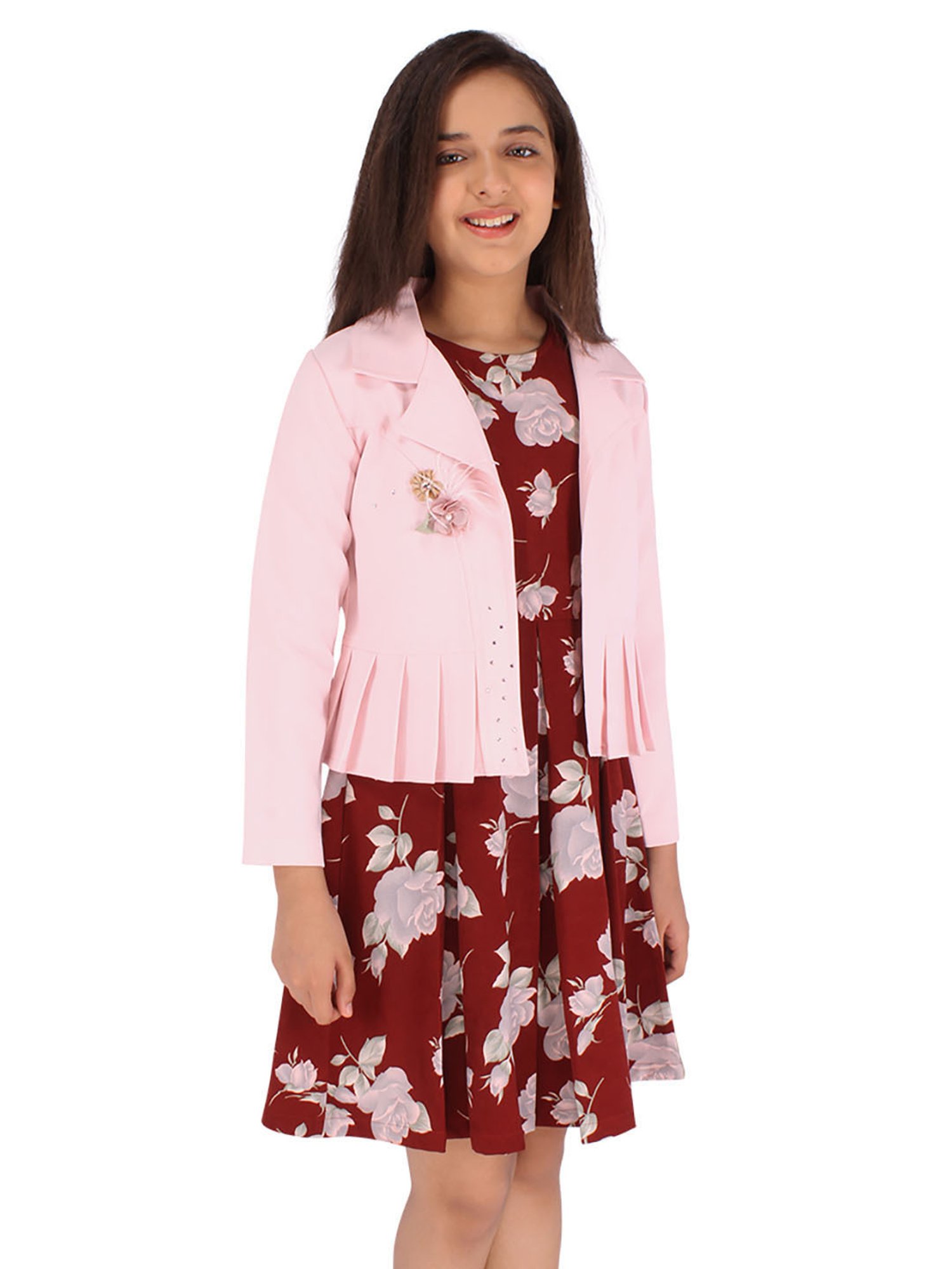Cutecumber Kids Maroon & Pink Floral Print Full Sleeves Dress with Shrug