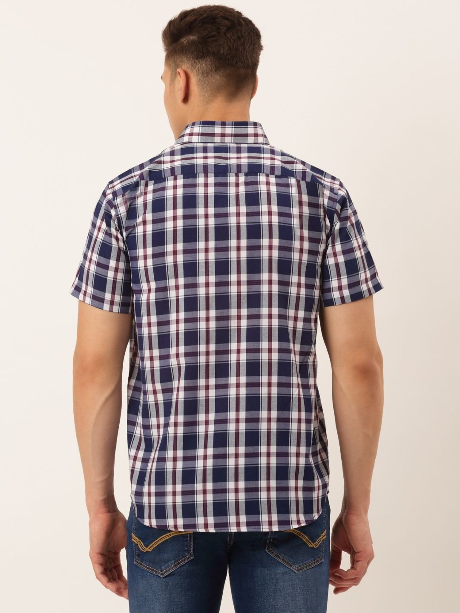 Jainish Navy Cotton Regular Fit Checks Shirt