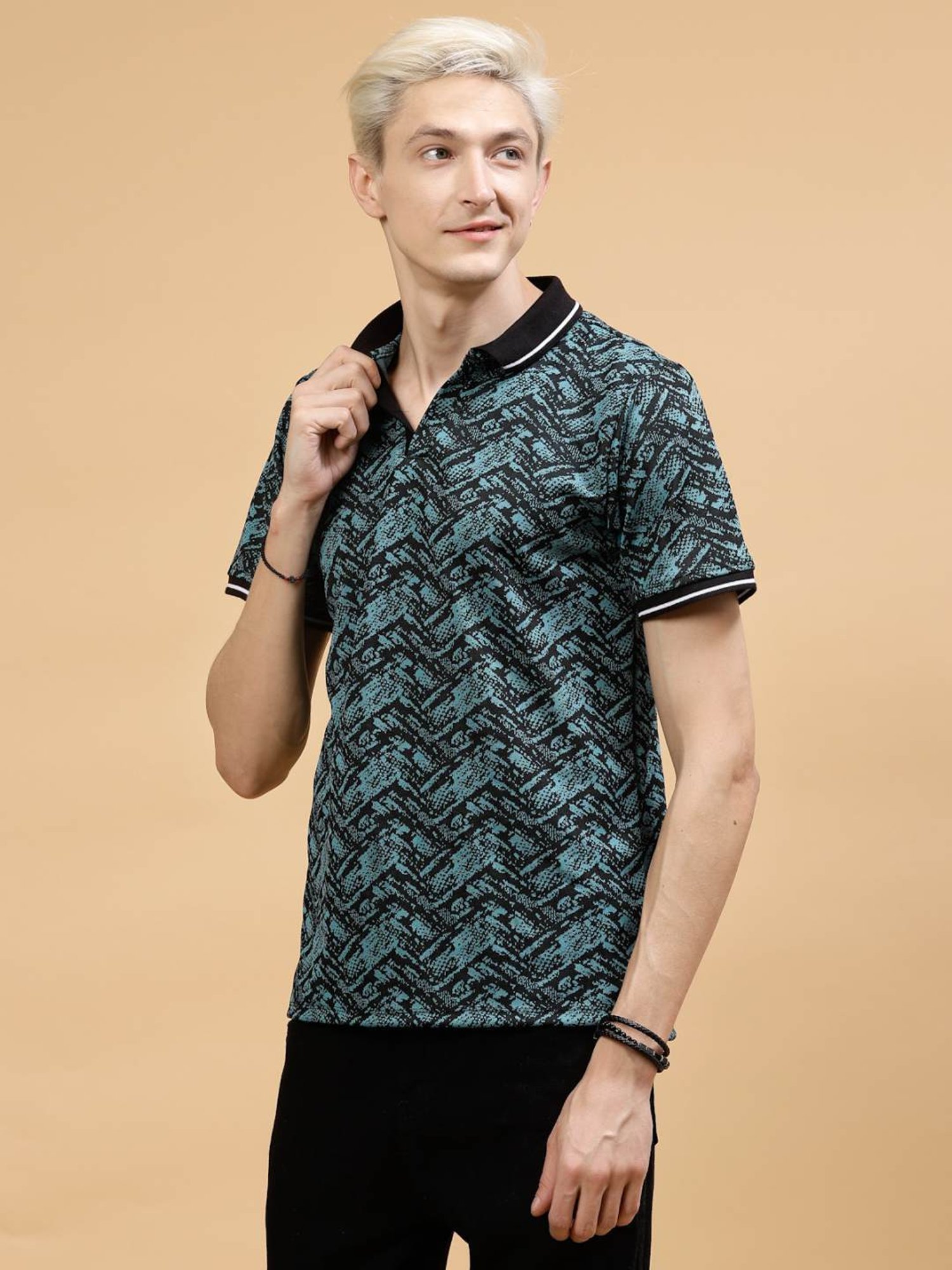Rigo Teal Slim Fit Printed Polo T-Shirt