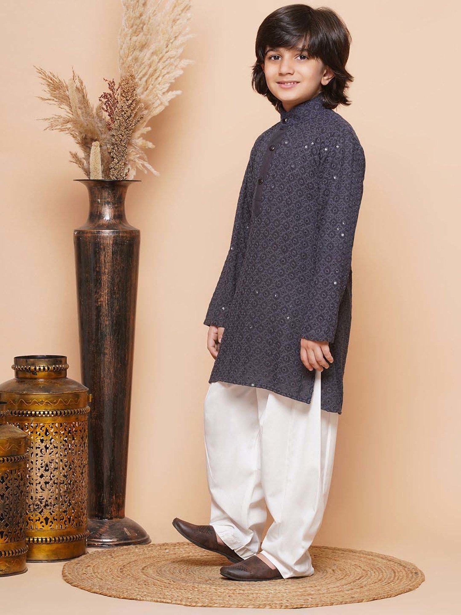 AJ Dezines Kids Grey & White Cotton Embroidered Full Sleeves Kurta Set