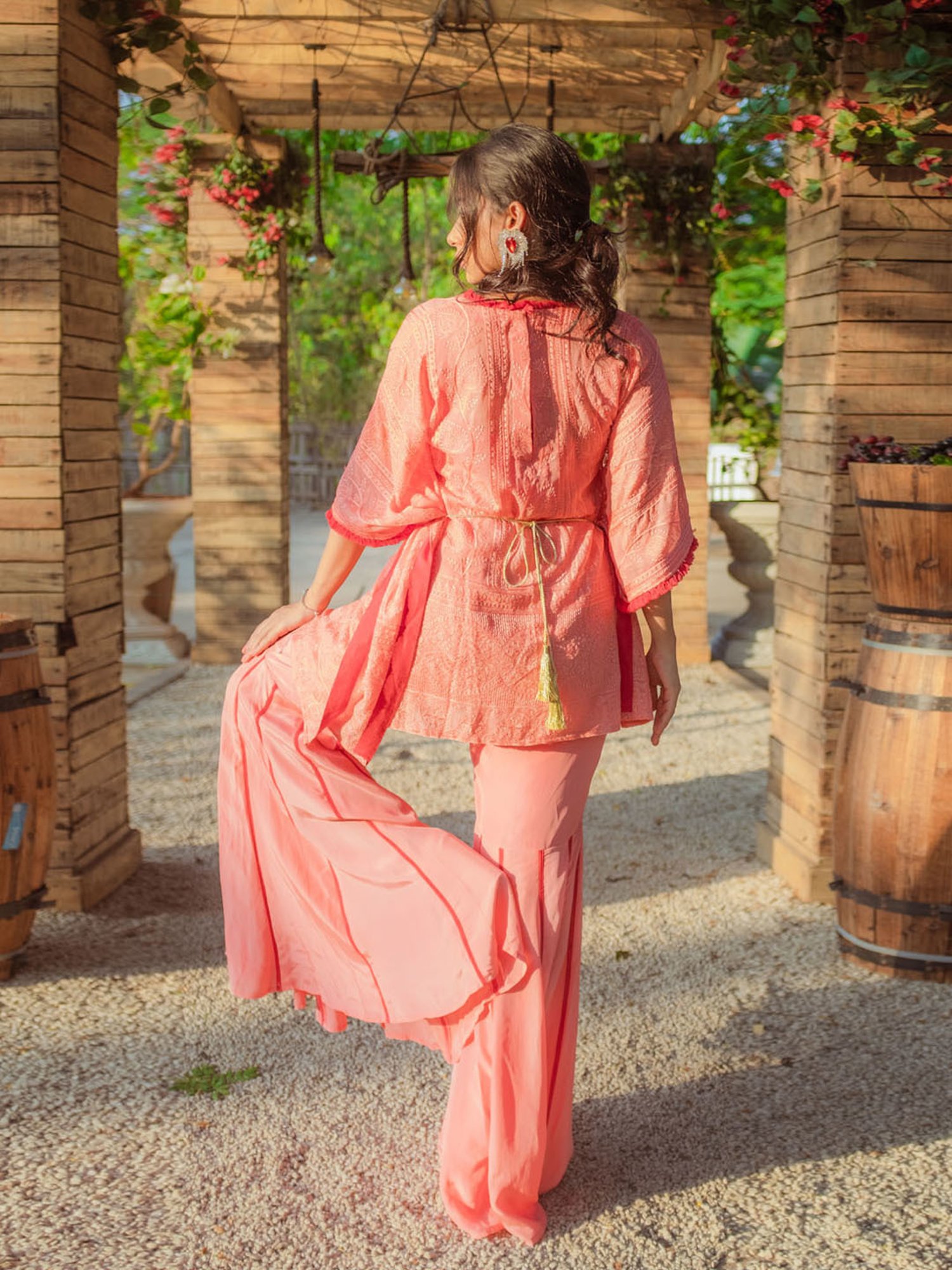 Monk and Mei Suraiya Chikankari Kaftan, Sharara & Belt - Peachy Melon