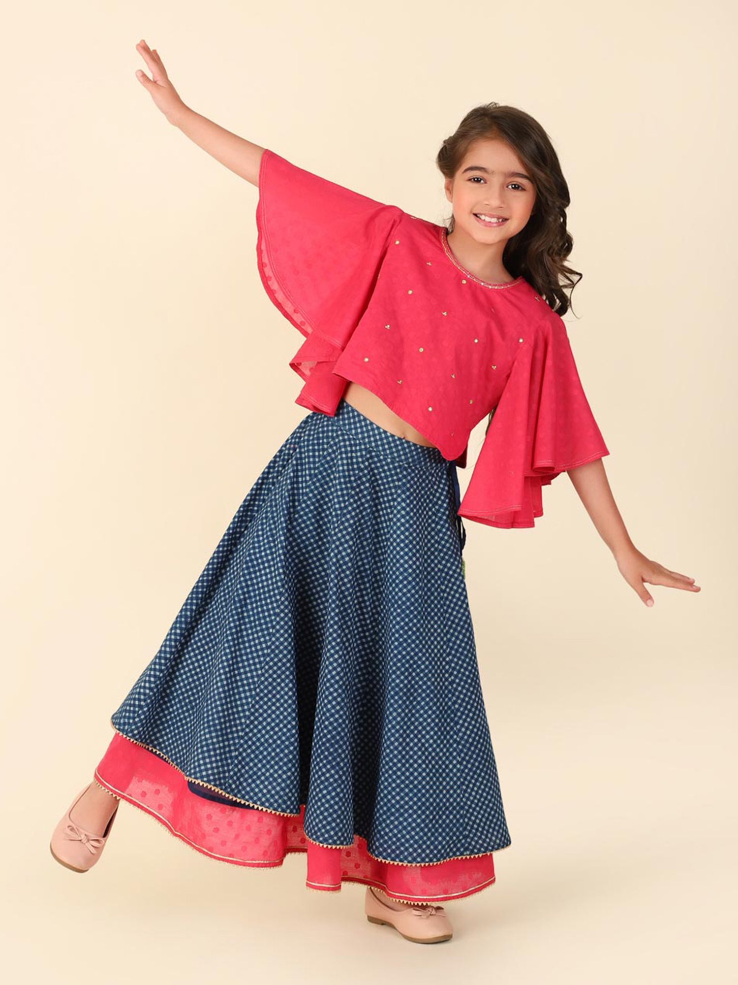 Fabindia Kids Pink & Blue Printed Lehenga With Choli