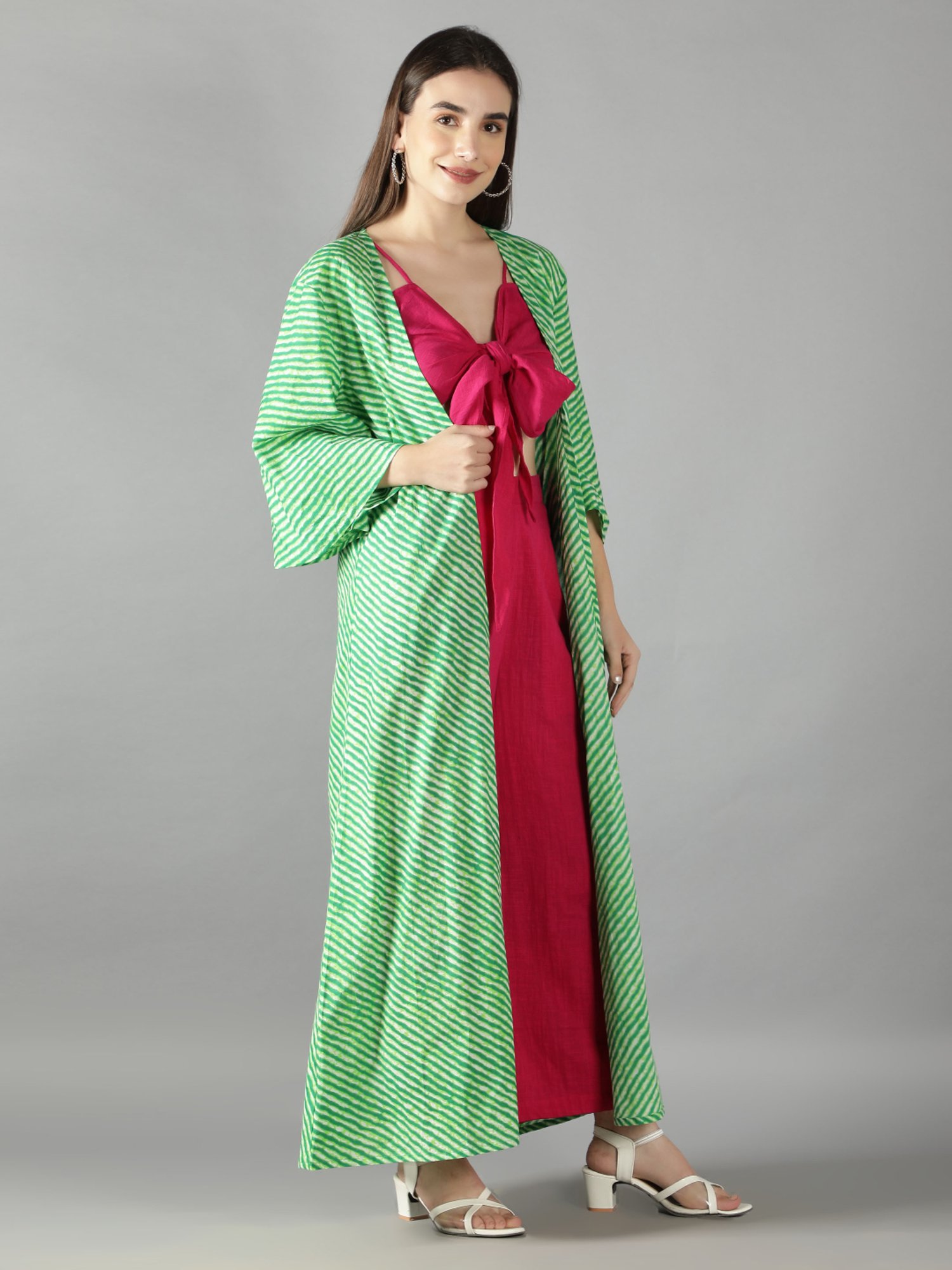 KAORI BY SHREYA AGARWAL Pink & Green Cotton Crop Top Palazzo Set With Cape