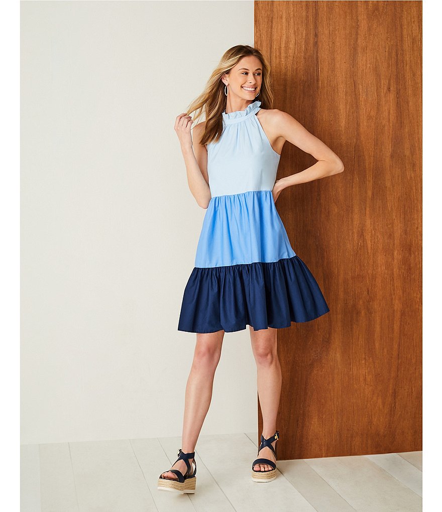 Eliza J Color Block Cotton Sleeveless Halter Trapeze Dress