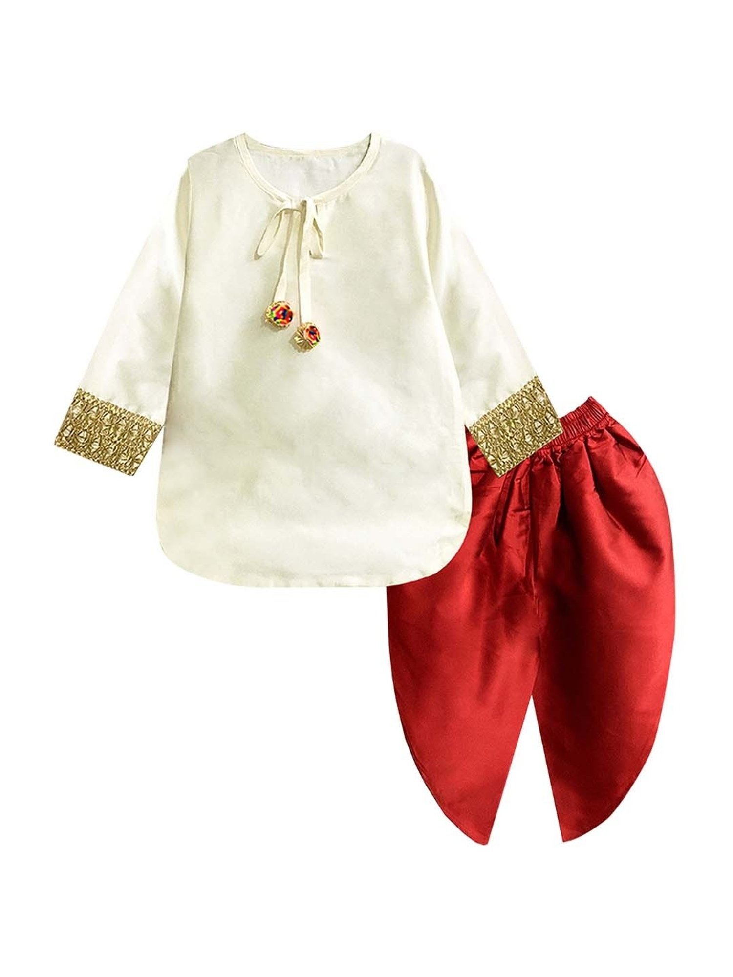A.T.U.N. Kids White & Red Regular Fit Full Sleeves Kurta Set