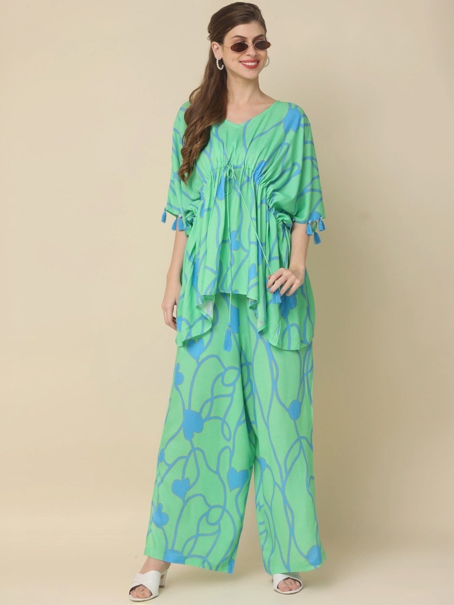 Zolo Label Green Cotton Printed Top Palazzo Set