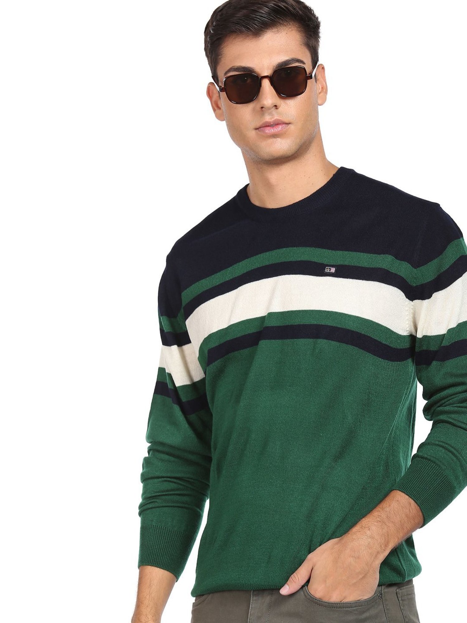 Arrow Sport Dark Green Regular Fit Striped Sweater