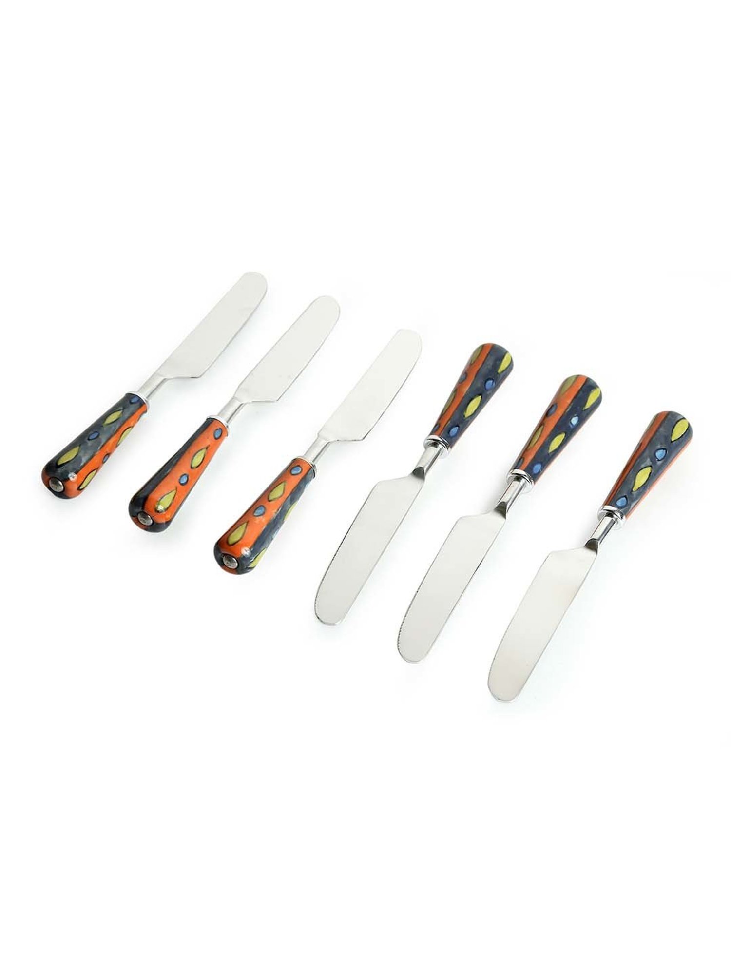 ExclusiveLane 'The Mughal Aakar' Hand-Painted Table Knives In Stainless Steel & Ceramic (Set of 6)