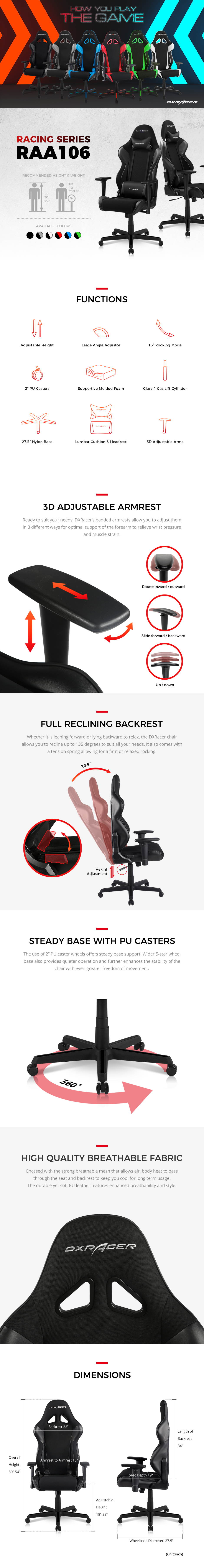 DXRacer Ergonomically Designed Racing Series RAA106 Black Strong Mesh and PU Leather 135-degree Recline High-End Gaming Chair with Neck and Lumbar Support Pillow