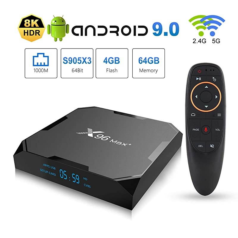 90 TV Box 4GB RAM 64GB ROM Upgraded X96 Max+ Box Amlogic S905X3 Quadcore 24G + 58G WiFi 1000M LAN Bluetooth 40 4K 60fps HDR Support 24G Voice Remote Control