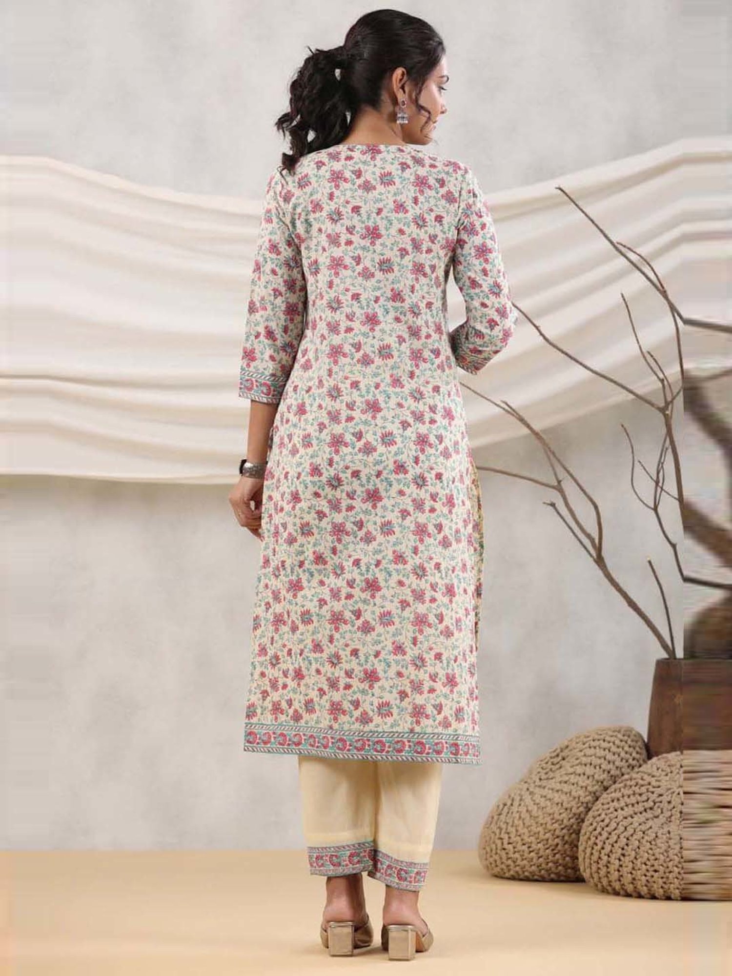 Rain and Rainbow Cream Cotton Floral Print Kurta Pant Set