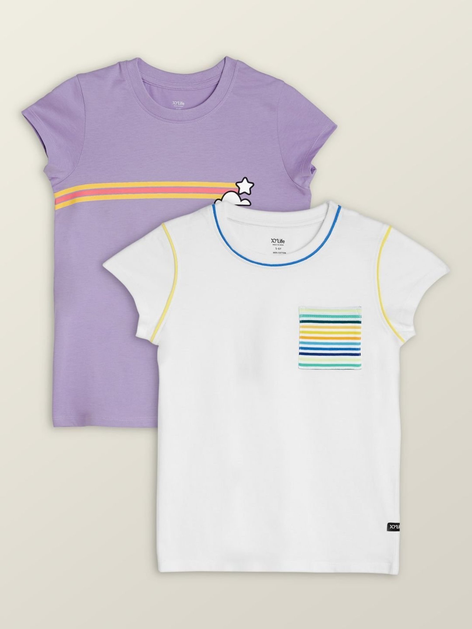 XY Life Kids White & Purple Cotton Printed T-Shirt (Pack of 2)