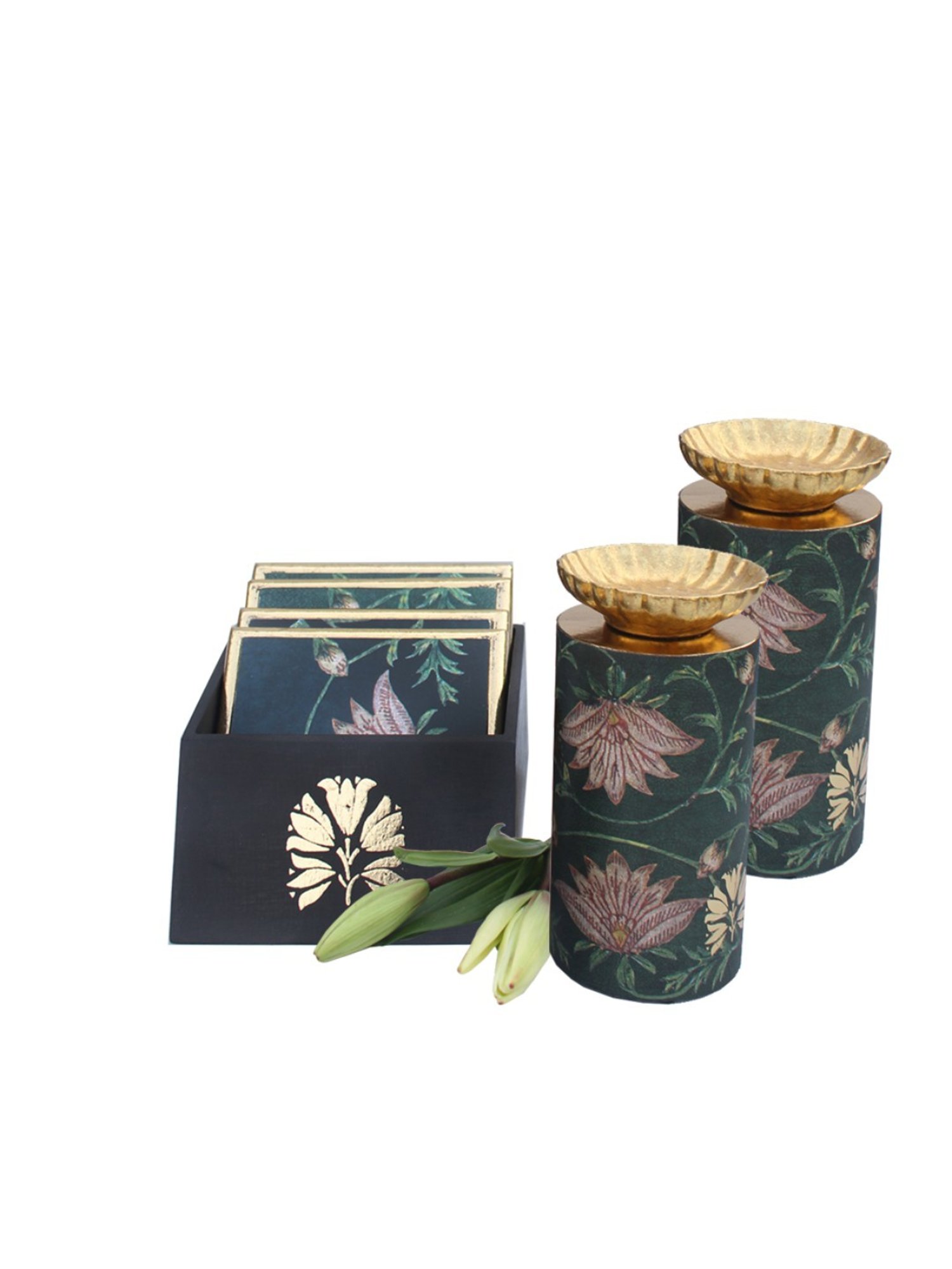 Karo Aafiya Printed Dark Green Wood Coasters - Set of 6