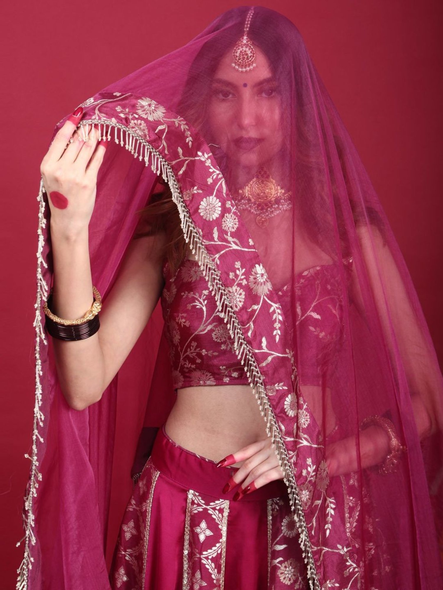 Monk and Mei Kora Kashi Plum Purple Leela-Brocade Lehenga Set