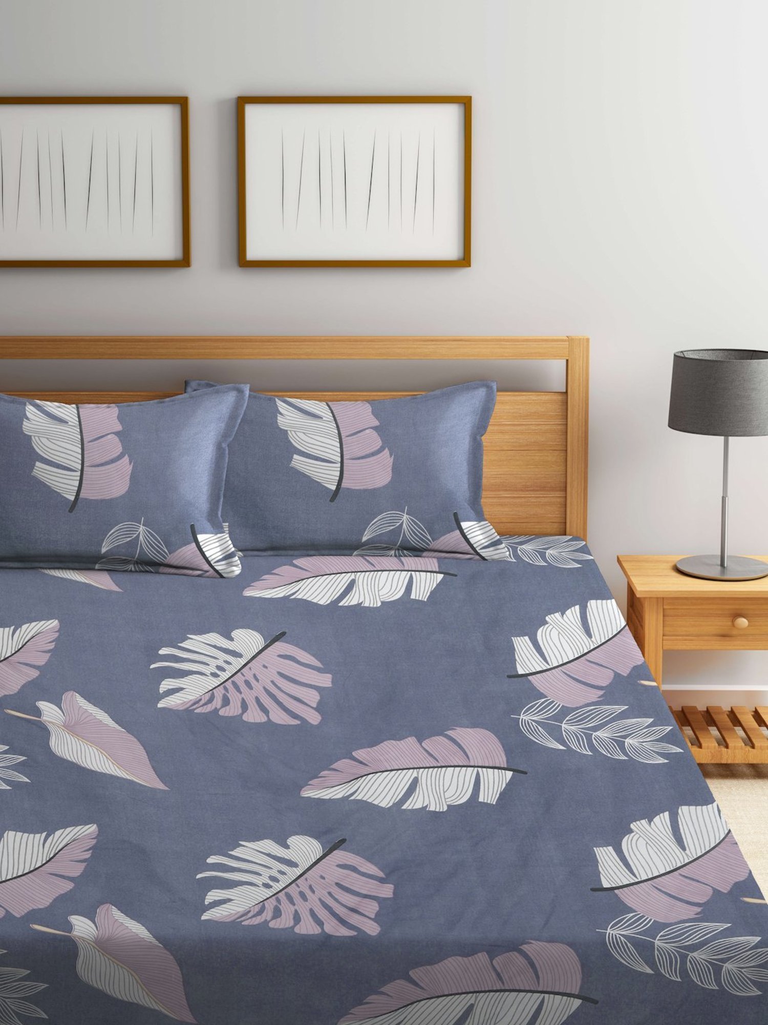 Klotthe Printed Grey 300 TC Cotton Blend King Bed Sheet with 2 Pillow Covers