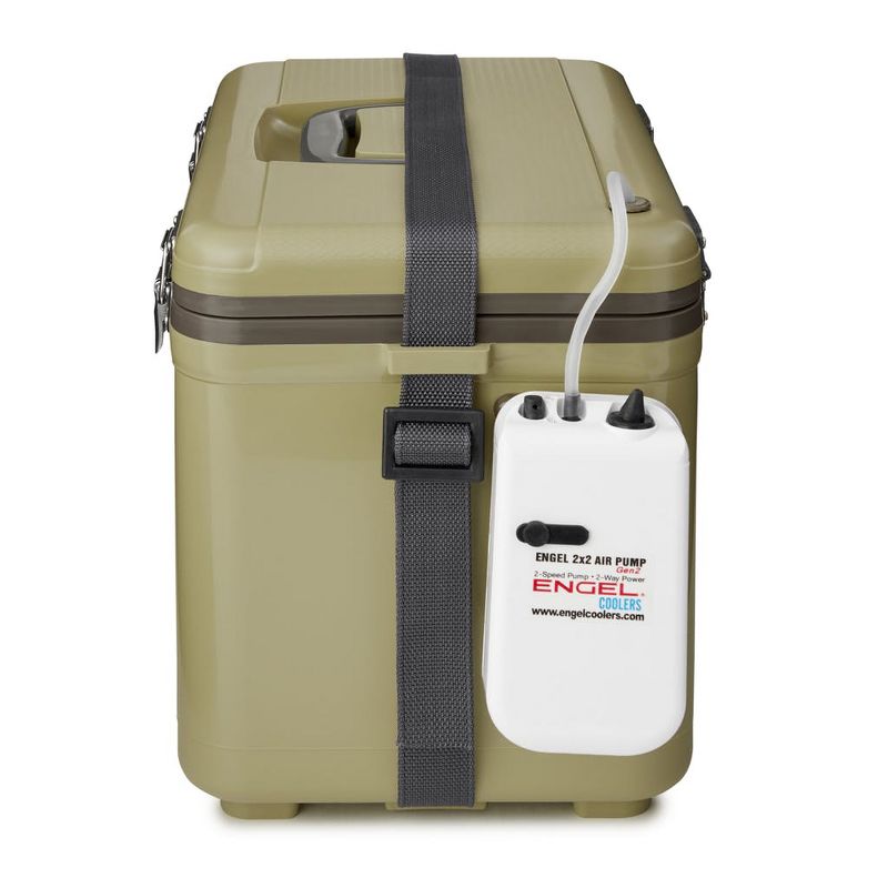Engel 13 Quart Portable Insulated Live Bait Fishing Dry Box 18 Can Hard Airtight Cooler with Water Speed Aerator Pump and Removable Pull Net, Tan