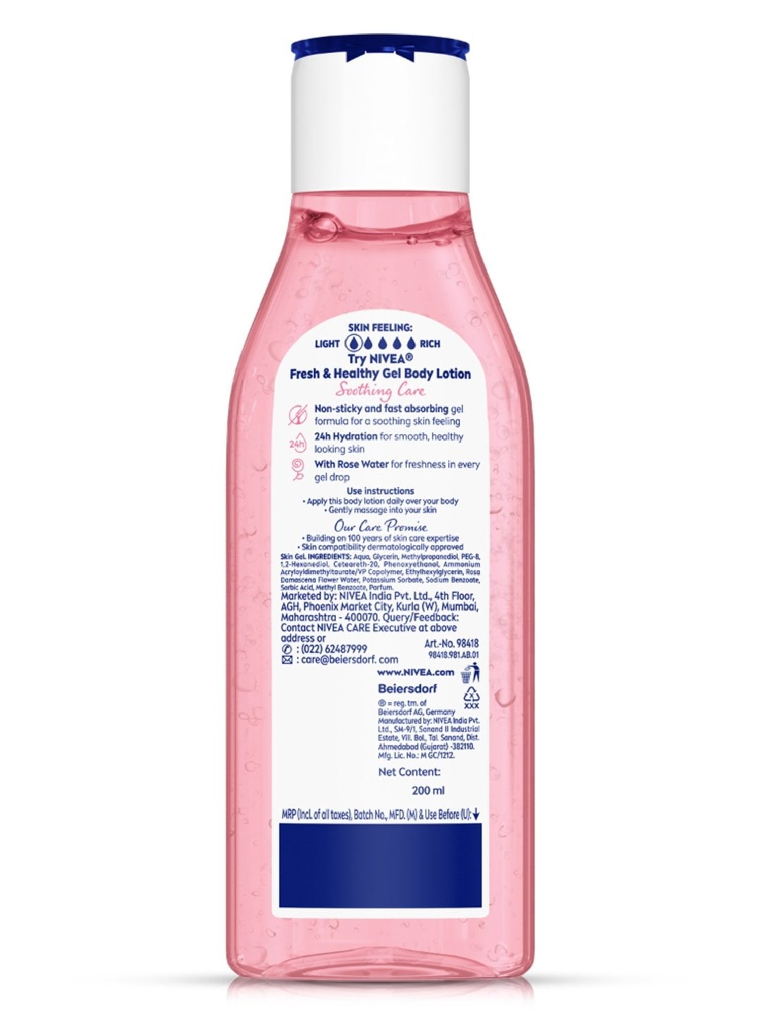 Nivea Rose Water Gel with Non-Sticky Body Lotion for Fresh and Healthy Skin - 200 ml