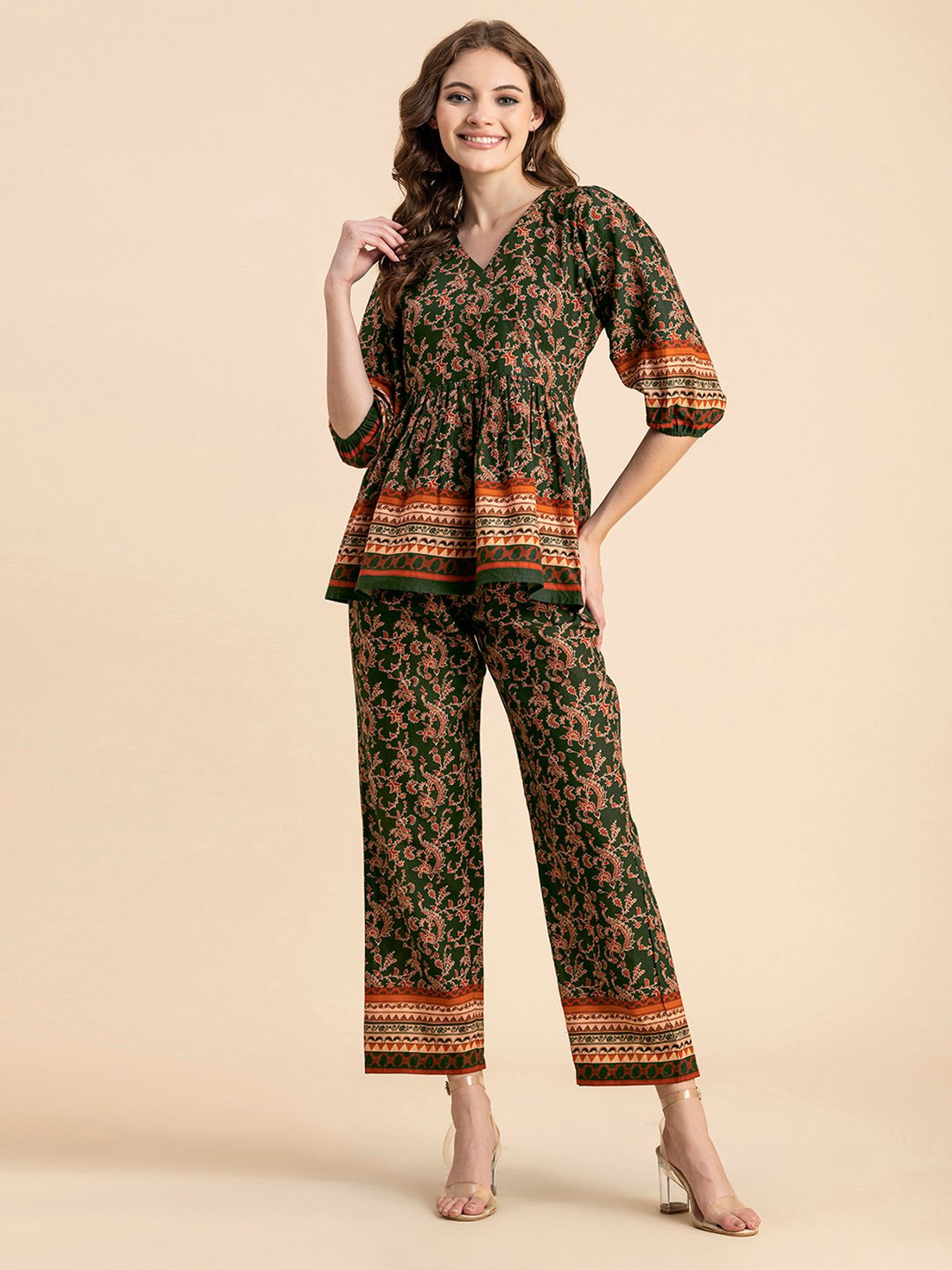 Moomaya Green Cotton Floral Print Top With Pants