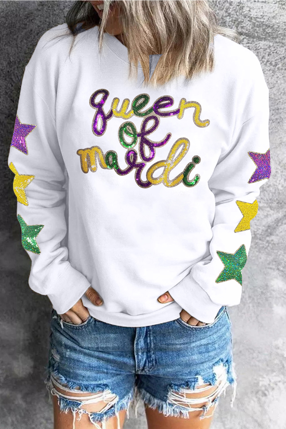 Gray Xmas Candy Cane Sequins Graphic Corded Sweatshirt