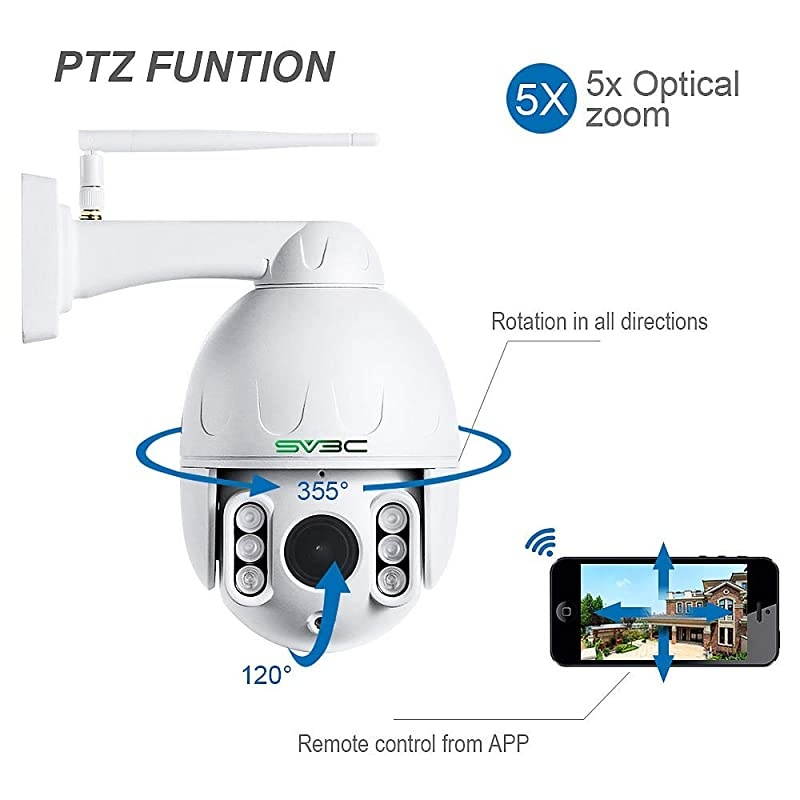 PTZ WiFi Outdoor Camera,  5MP Super HD 355 &deg; 5X Optical Zoom Outdoor Security Cam, 196ft Night Vision, Humanoid Detection, 2 Way Audio, IP66 Waterproof, Work with NVR Blueiris,128GB SD Card Slot