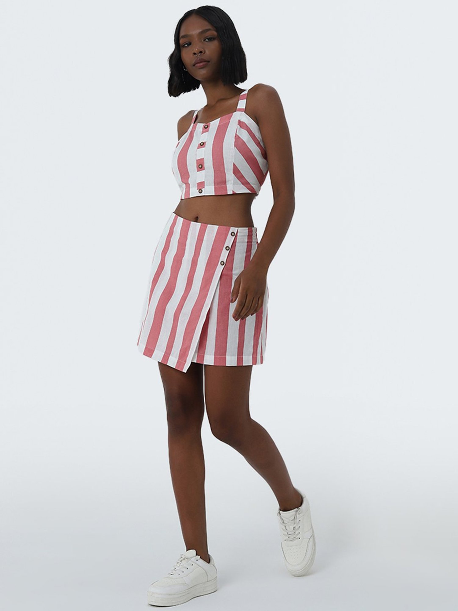 Bombay Paisley by Westside Coral Stripe Printed High-Rise Cotton Skort