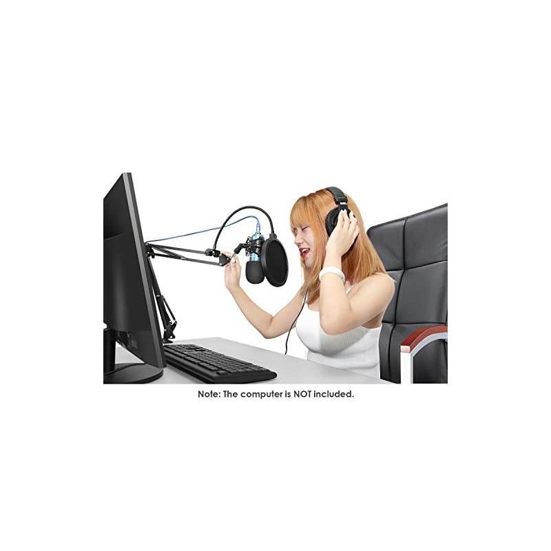 USB Microphone with Suspension Scissor Arm Stand Shock Mount Monitor Headphone Pop Filter USB Cable and Table Mounting Clamp Kit for Sound Recording for Windows and Mac BlueSilver