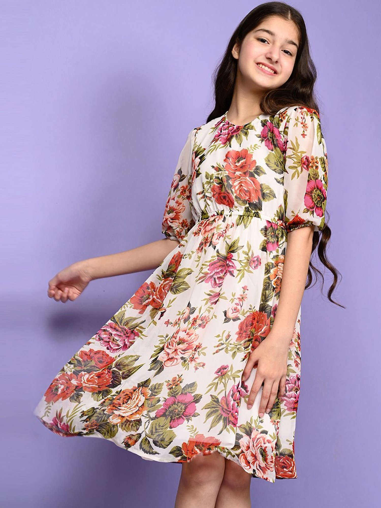 LilPicks Kids White & Pink Floral Print Dress