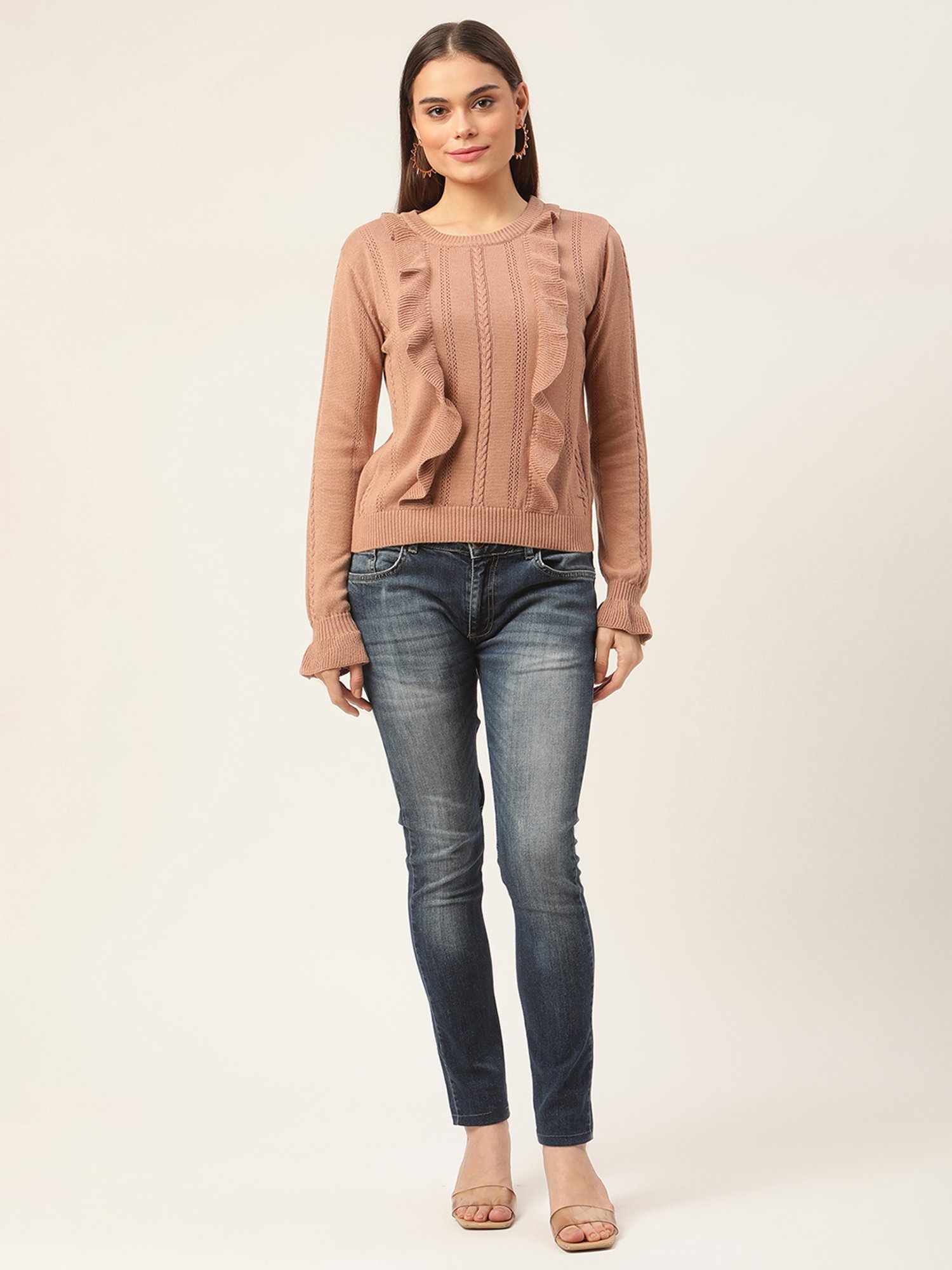 Elle Light Brown Round Neck Sweater