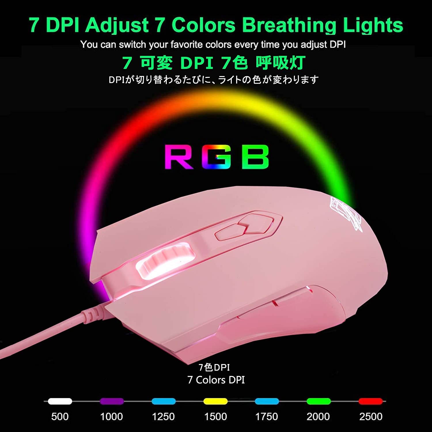 Lomi-luskr AJ52 Gaming Mice Wired Programmable 7 Buttons Computer Mice with RGB LED Backlit 200-4800 DPI Adjustablefor Windows/Mac OS/Linux (Pink)