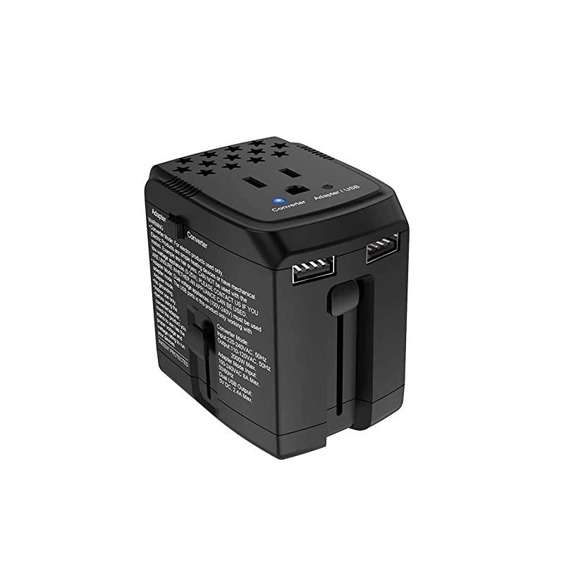 Electric Converter Adapter Combo Step Down Voltage 220V to 110V for Hair Dryer Steam Iron Cell Phone Laptop MacBook Dual USB Power Plug Adapters US to Europe, UK, AU, Asia Over 150 Countries