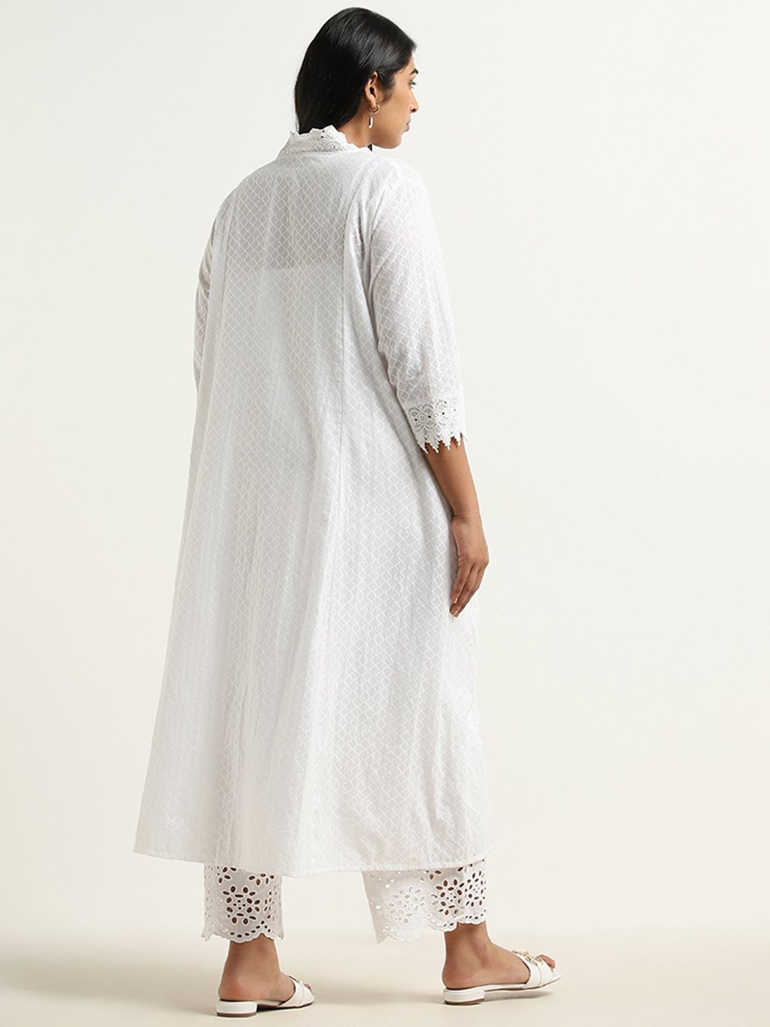 Diza by Westside White Crochet Detailed A-line Cotton Kurta