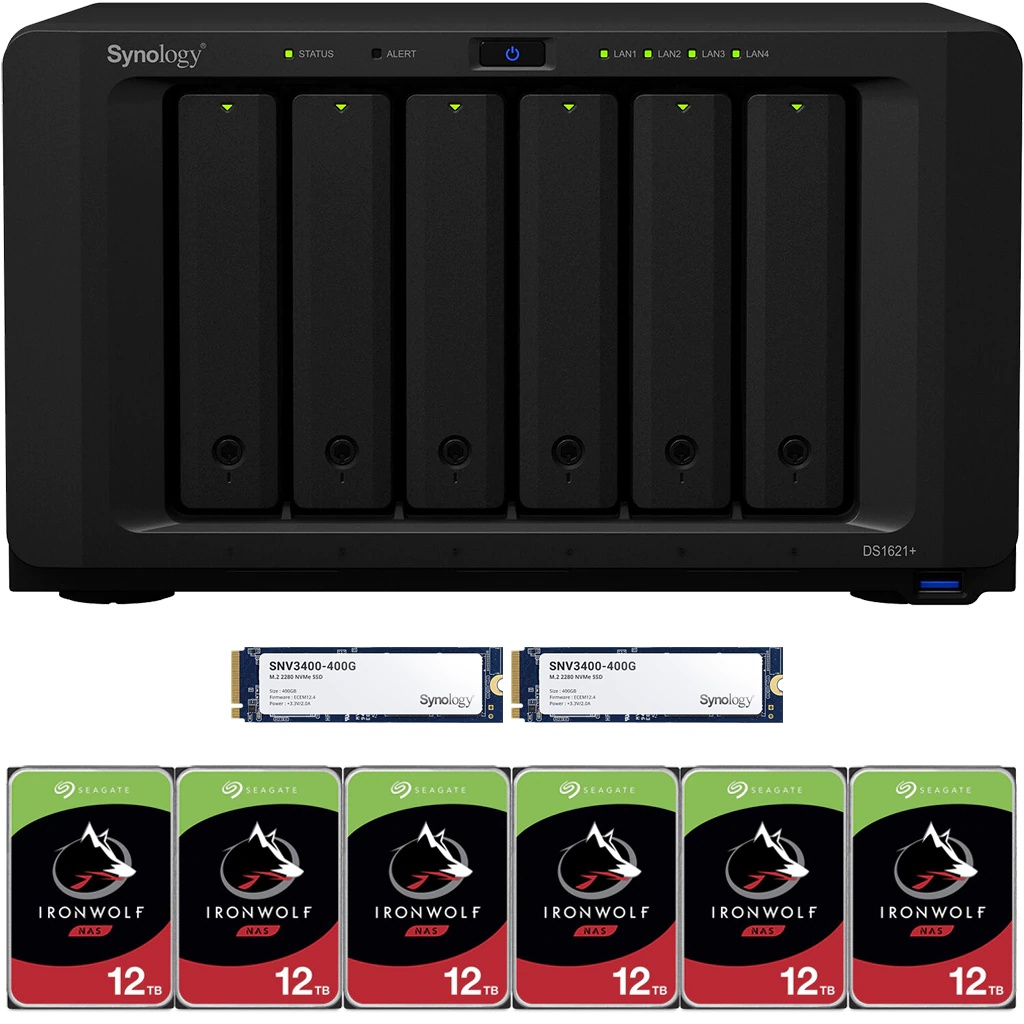 Synology DS1621+ DiskStation with 8GB RAM and 12TB (6 x 2TB) of Seagate Ironwolf NAS Drives and 800GB (2x400GB) NVME Cache Fully Assembled and Tested By CustomTechSales